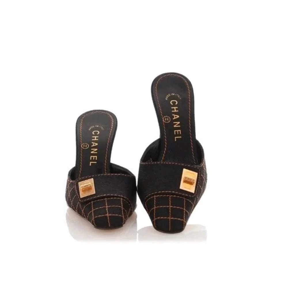 Vintage Y2K Chanel quilted mules, women's size 36.5, with Mademoiselle clasp.